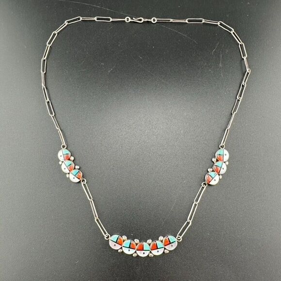 Vintage Zuni Sunface Sterling Silver Turquoise Inlay Sun Face Necklace - Picture 2 of 8